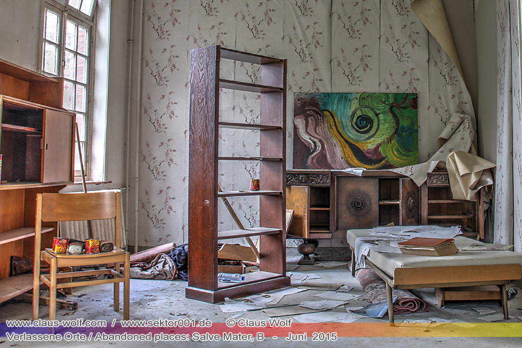 Salve Mater war eine psychiatrische Klinik f�r Frauen im "Groot Park" bei Leuven unweit von Br�ssel. Einst geh�rte das weitl�ufige Anwesen der Familie Spoelberch. Das 1750 errichtete Schloss der Familie ziert noch heute das Zentrum des Parks. Einer der Nachfahren der Familie � Maximilian de Spoelberch, der zwischen 1834 und 1873 B�rgermeister der Stadt Leuven war � hatte eine gro�e Vorliebe f�r Dendrologie. Insofern erweiterte er st�ndig das Anwesen durch Zukauf weiterer Grundst�cke und pflanzte im Park etliche exotische B�ume. Als Maximilian de Spoelberch das Zeitliche segnete hinterlie� er den gesamten Besitz seinen Sohn Charles. Ungl�cklicherweise verstarb dieser 1907 wenige Jahre nachdem er seine Erbschaft antrat, ohne selbst einen Erben zu hinterlassen. Die einzige Erbin, eine entfernte Cousine, schenkte 1915 das Anwesen der Katholischen Universit�t von Leuven. Diese wiederum gab das Geschenk an die "Schwestern der N�chstenliebe" von Gent weiter, die dort eine psychiatrische Klinik errichteten.